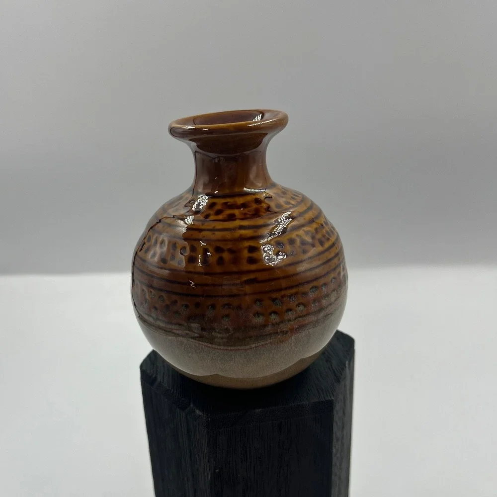 Vintage‎ Handmade Brown Glazed Pottery Bud Vase Textured Earth Tone Ceramic